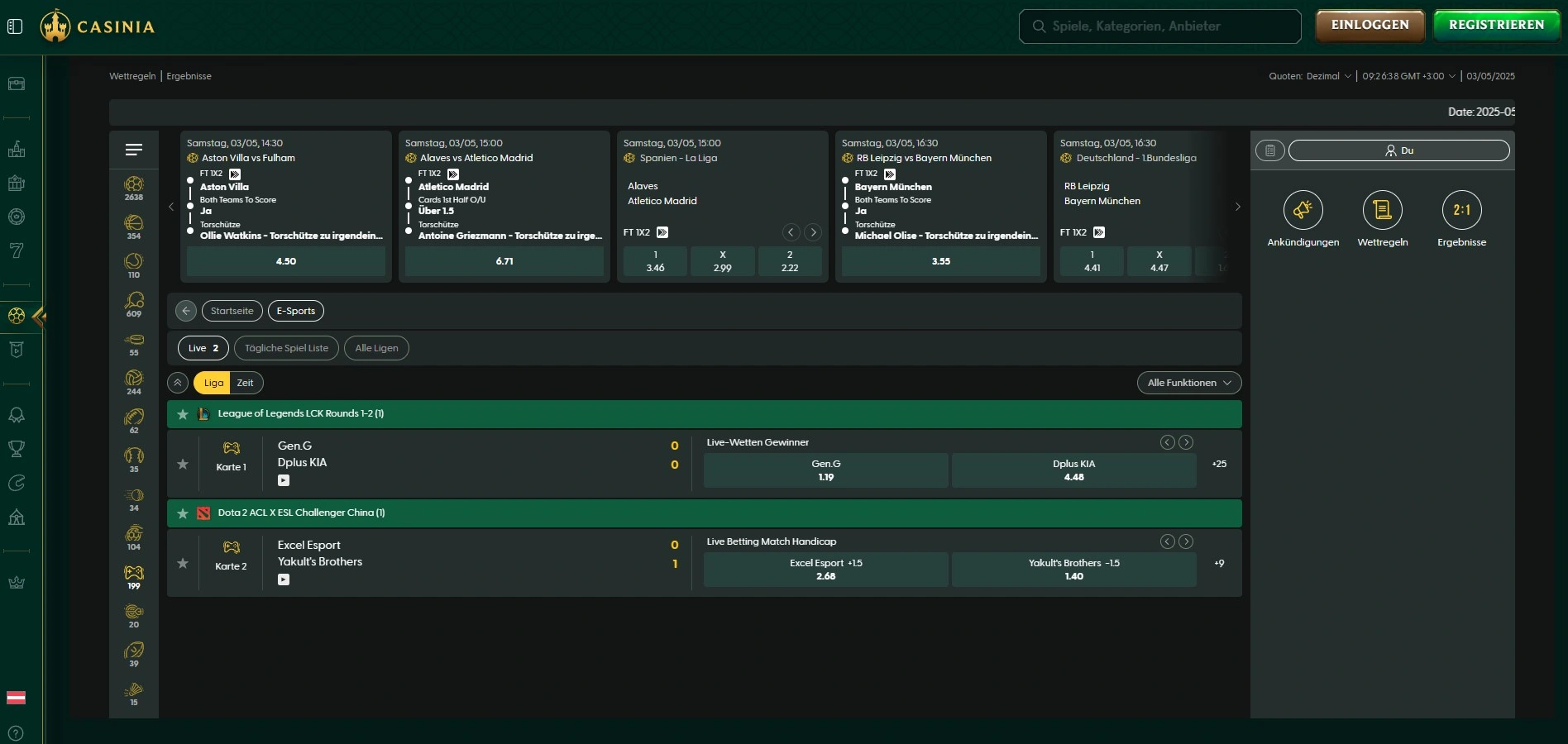 Casinia Live eSports Events & Spiele