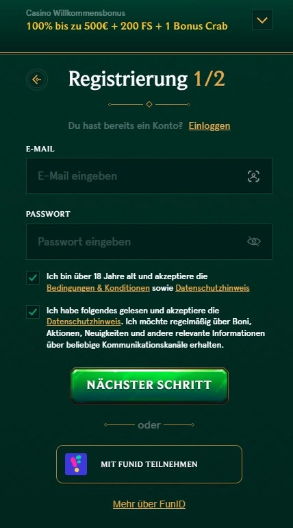 Casinia Registrierungsprozess für neue Nutzer
