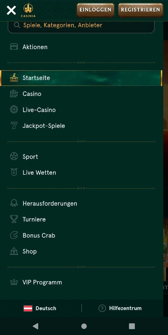 Casinia Spielkategorien für einfaches Browsen