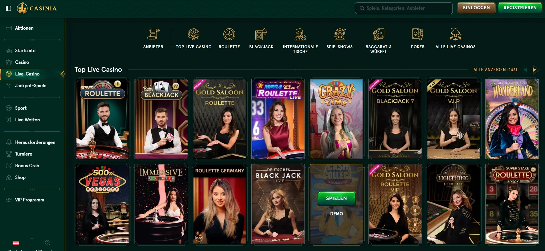 Casinia Live Casino Spielshows mit Unterhaltung