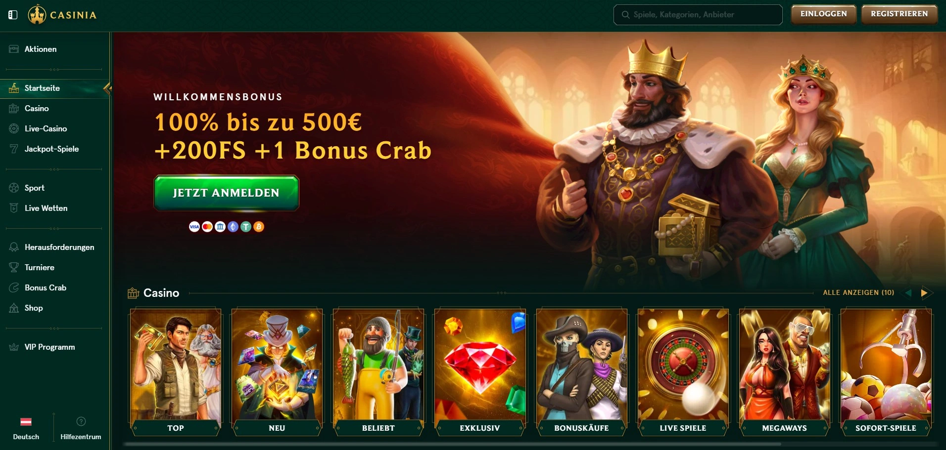 Casinia Casino Startseite Übersicht Screenshot